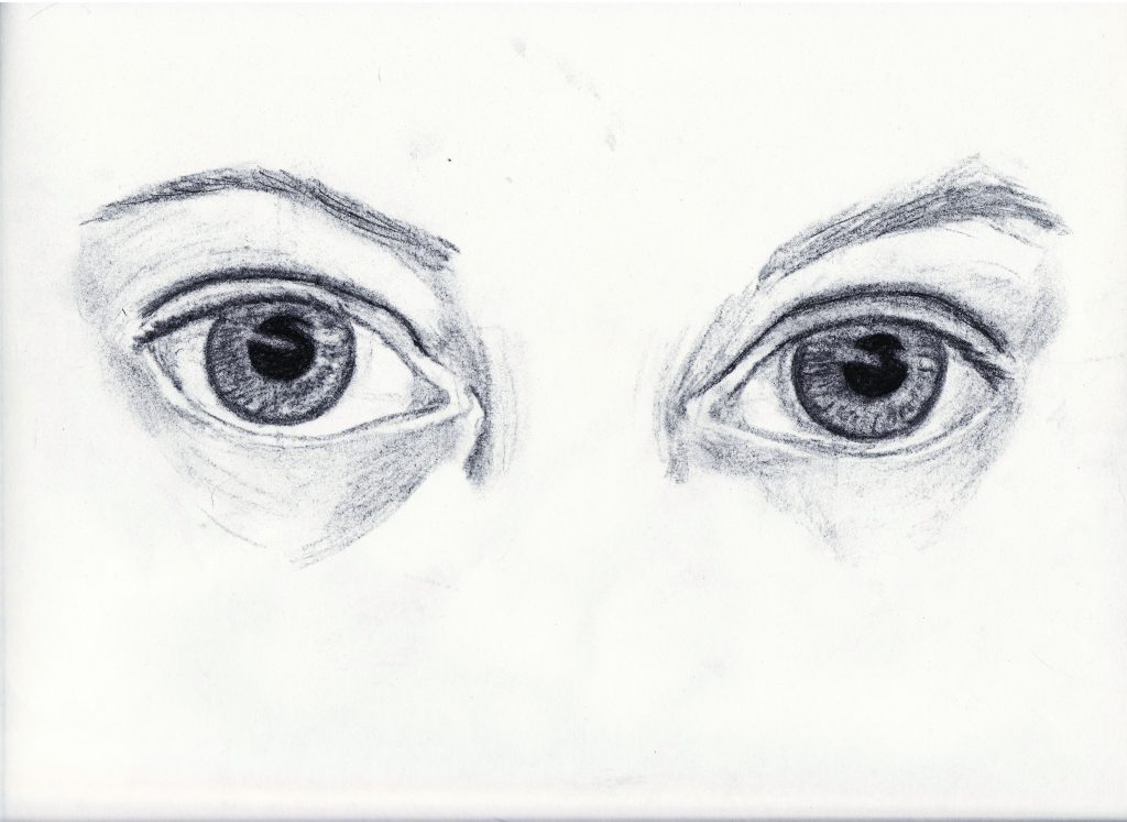 A pair of eyes, sketched in pencil.