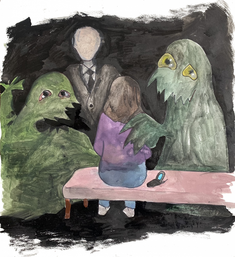 A painted illustration of a woman sitting on a bench. Two friendly green monsters comfort her, while she stares at an ominous figure in front of her—a white man in a black suit.