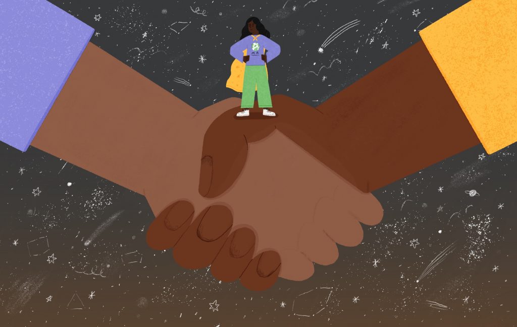 A digital illustration of a brown person  in a cape standing on top of a pair of Black and brown hands, shaking hands. The background is gray with stars and constellations. 