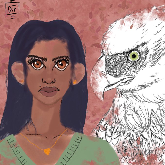 A digital image of a girl with dark hair and brown eyes. An eagle sits in the frame next to her, staring out at the viewer.