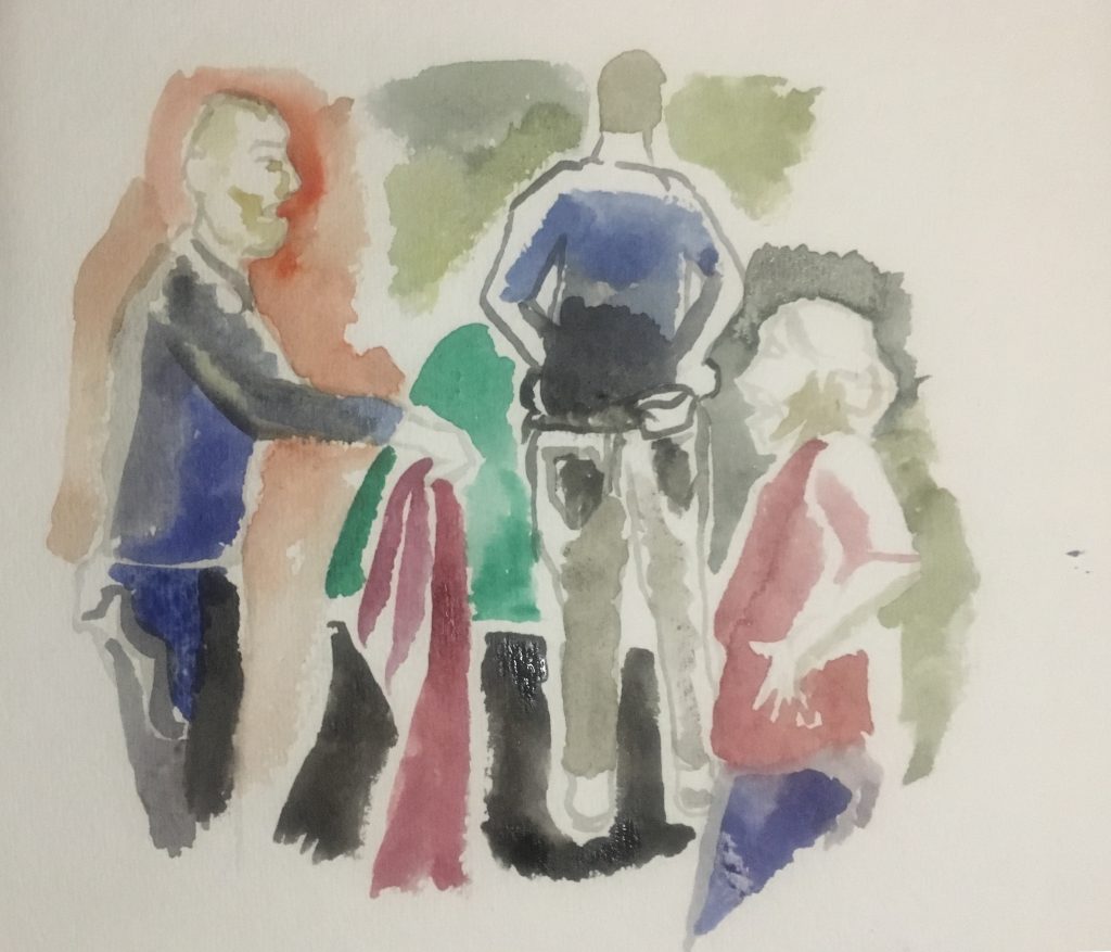 A watercolor image of two people talking to each other and a third turned around.