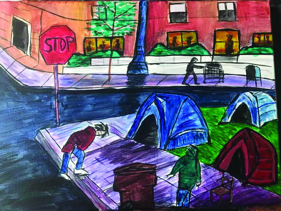 A painting of tents set up in a grassy patch next to the sidewalk. People from the encampment can be seen walking on the sidewalk, and one is pushing a shopping cart in the background. The image is bright and colorful, with bright shades of orange, green, purple, and blue.