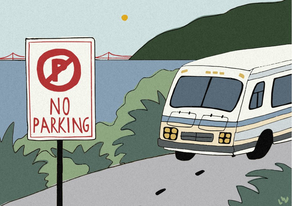 A drawing of an RV with the golden gate bridge in the background and a "no parking" sign in the foreground.