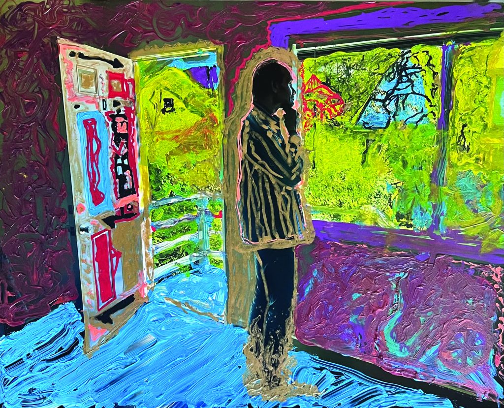 A photograph of Dart, a mixed race man in his 40s, looking out the window of his new apartment. He painted on the photo with bright colored paints: yellow, purple, red, and blue.