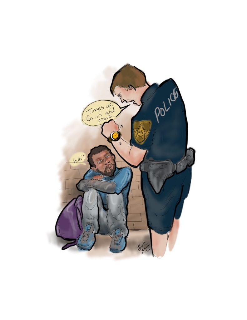 A digital illustration of a white police officer standing over a Black unhoused person who is sitting against a wall. The cop says "times up. Go on and move." The unhoused person says "huh?"