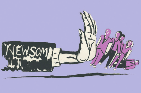 An illustration of a hand with the word "Newsom" on it pushing over a line of people.