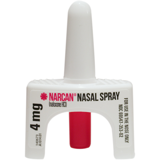 Narcan nasal spray—a white nasal spray container with a red plunger in the middle.