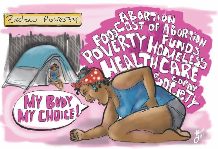 A digital image of a Black woman on her knees holding her stomach, as if in pain. A text bubble in front of her face reads "my body my choice!" A tent with another Black woman sitting in the doorway can be seen in the background. In the foreground, an abstract block of text reads: abortion food cost of abortion poetry funds homeless healthcare copay society"