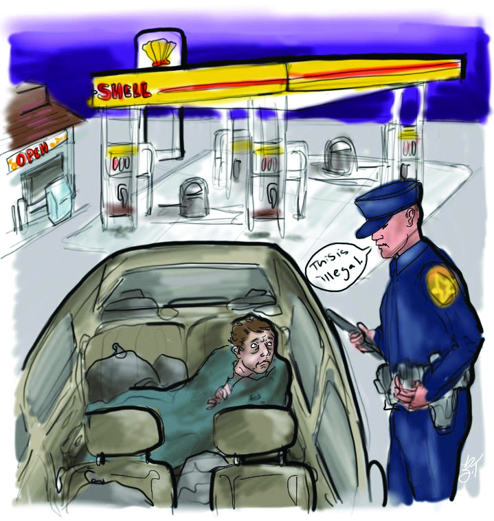 An illustration of a cop interrogating a woman sleeping in her car in a gas station parking lot. The cop says "this is illegal"