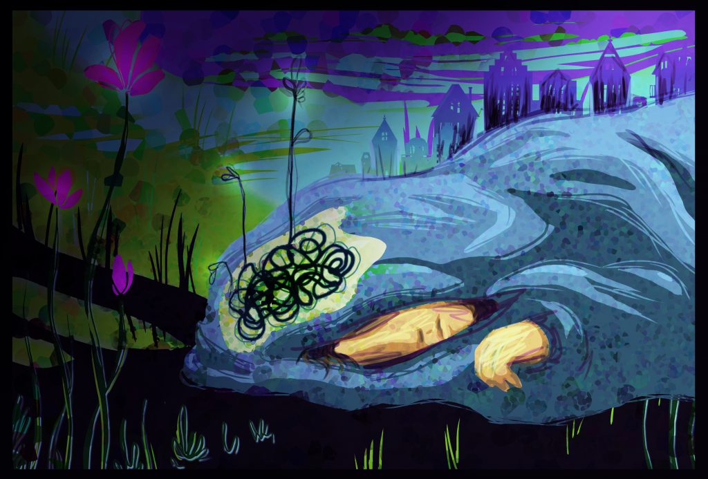 A digital image of a person lying on the grass in a sleeping bag with flowers blooming around them. There's a little bubble on the person's head with a scribble in the middle.