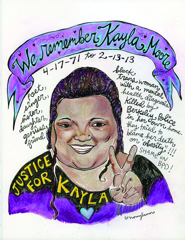 A drawing of Kayla Moore with a banner above that reads "we remember Kayla Moore, 4-17-71 to 2-13-13"