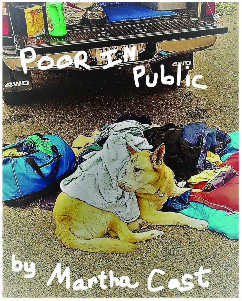 A photo of a dog laying on the concrete surrounded by clothing and suitcases. Around the dog, the words "Poor in Public, by Martha Cast" are written in somebody's handwriting.