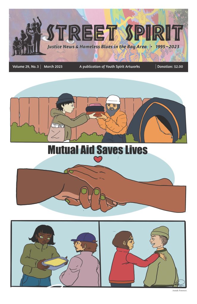A digital image with three vertical panels. The top shows a white person in a hoodie giving a pile of clothes to a brown person in front of their tent. The middle panel shows two Black sets of hands holding each other, with a heart floating on top. The third shows a Black femme person handing a dish of food to a brown masc person wearing a hat, and someone patting someone else on the back.