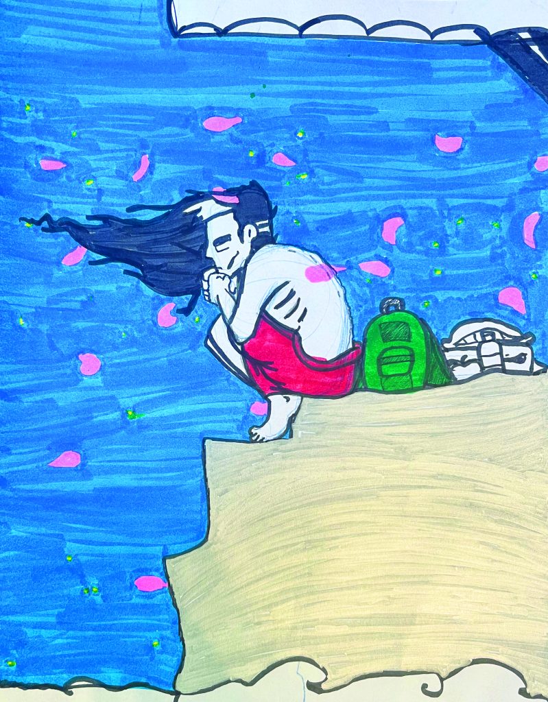 A drawing of a person perched on a ledge with their eyes closed. Their backpack and other posessions sit behind them, and their long black hair is blowing in the wind. All around them, pink flower petals blow around in the wind.