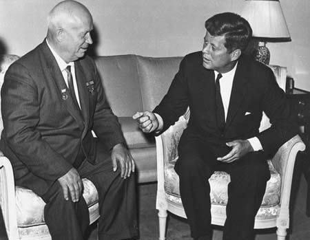 Nikita Khrushchev and John Kennedy meet in Vienna, June 1961. Photo from U. S. Dept. of State in John F. Kennedy Presidential Library and Museum, Boston.
