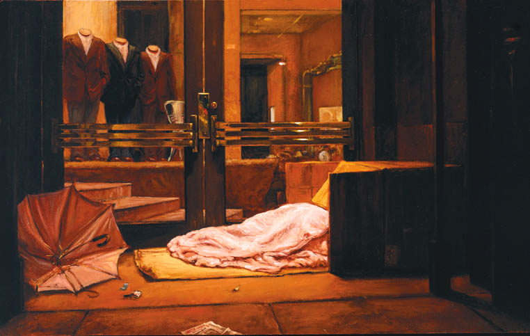 “Wet Night On Sutter Street.” A homeless person sleeps in a cardboard box outside an expensive clothing store in San Francisco on a rainy night. Painting by Christine Hanlon, oil on canvas, 20” by 32 1/3”