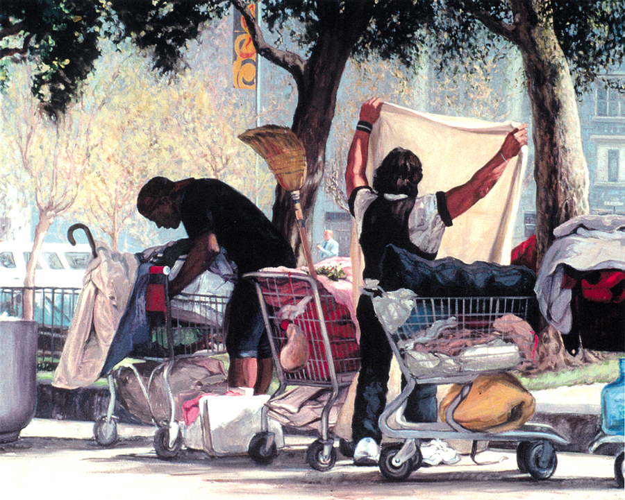 San Jose evicted 300 homeless people from the Jungle, forcing them to pack up their tents and all their worldly possessions. “Scavengers” Painting by Christine Hanlon
