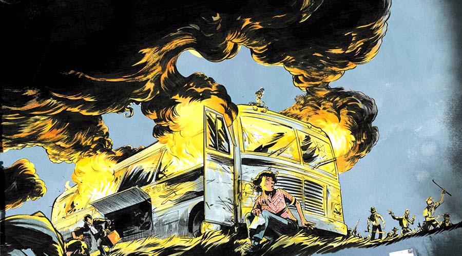 The cover art from March: Book Two shows the burning of the Freedom Riders’ bus by a mob that also assaulted the Riders. Detail from cover of March: Book Two.
