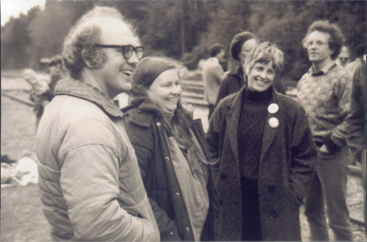 Jim and Shelley Douglass and Kim Wahl at a protest held by Ground Zero in 1987.