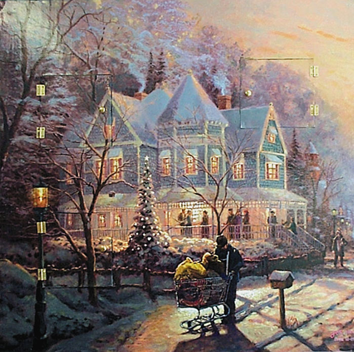 Holiday Home (Luke 16: 25). Artwork by Jos Sances. A homeless man finds no home in this scene reminiscent of Thomas Kinkade’s art.