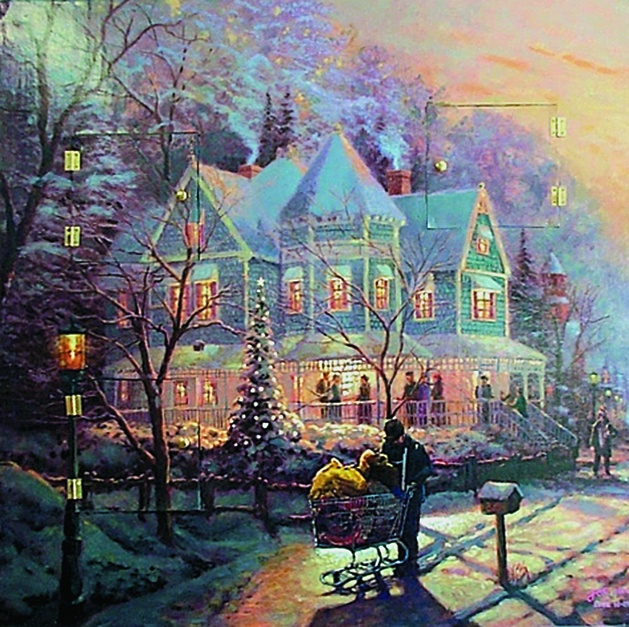 Holiday Home Luke 16: 25” A homeless man finds no home in this scene reminiscent of Thomas Kinkade’s art. Market-rate housing means mansions for the wealthy, shopping carts for the poor Painting by Jos Sances, 33” x 33”