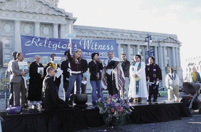 Religious Witness with Homeless People gathers at San Francisco City Hall to protest the criminalization of homeless people.
