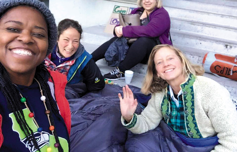 Sally Hindman (at right) organized a sleep-out at Old City Hall last winter in protest of Berkeley’s anti-homeless laws. A longtime homeless advocate and an original co-founder of Street Spirit, Hindman is now deeply involved in the campaign to save the paper.