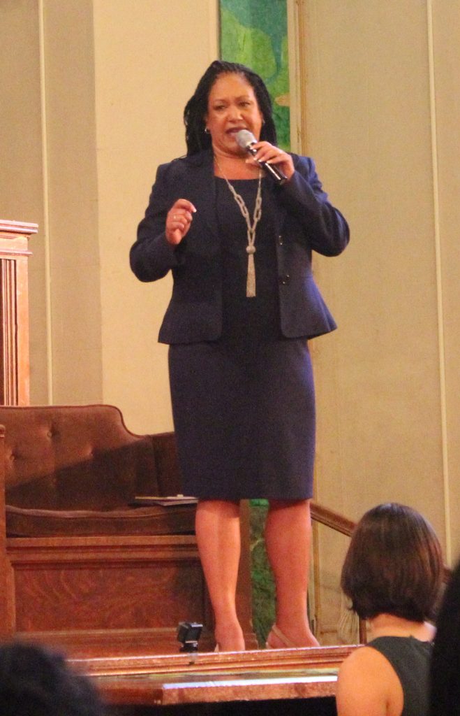Cat Brooks speaks at an Oakland Mayoral Candidates Forum at the First Presbyterian Church in Oakland.