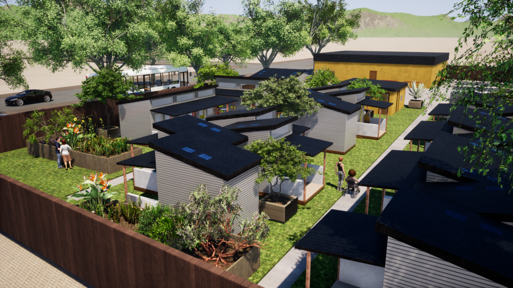 A digital mock-up of the Tiny House Village shows several small homes surrounded by grass, walkways, and plant life.