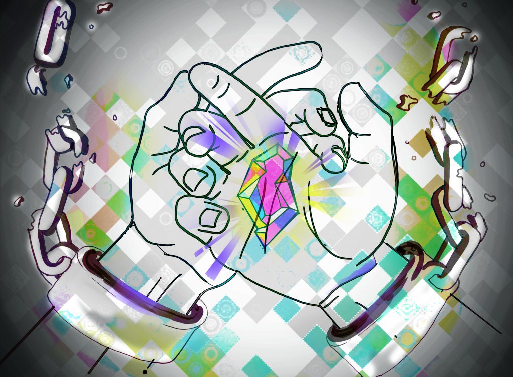 A digital image of two hands breaking free of handcuffs and holding a glowing stone.