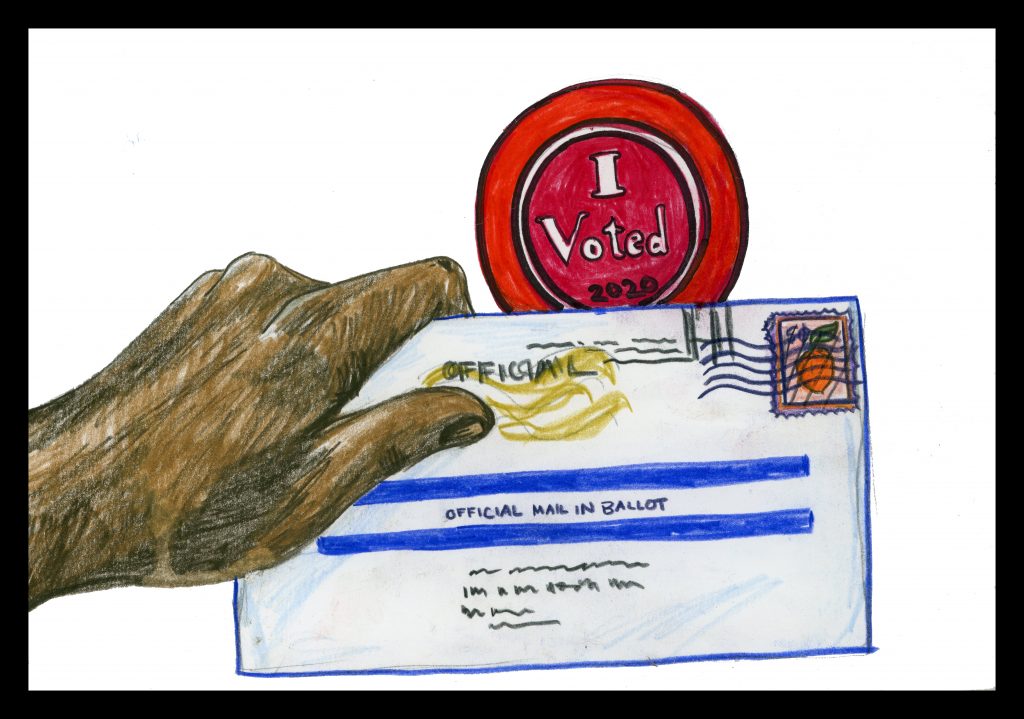 A colored pencil drawing of a hand holding a mail in ballot. Behind it there is an "I voted" sticker.