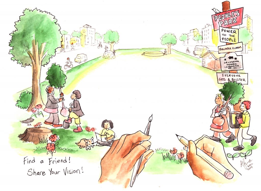 A watercolor of People's Park, with people planting trees, reading, and hanging out in the front. There is a framed white space in the middle of the park. Two hands holding a paint brush and a pencil in the foreground gesture toward the open space. Text at the bottom reads, "find a friend, share your vision!"