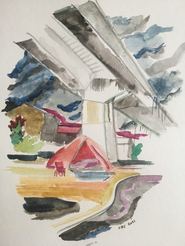 A drippy-looking watercolor of an orange tent beneath a freeway overpass in the rain.
