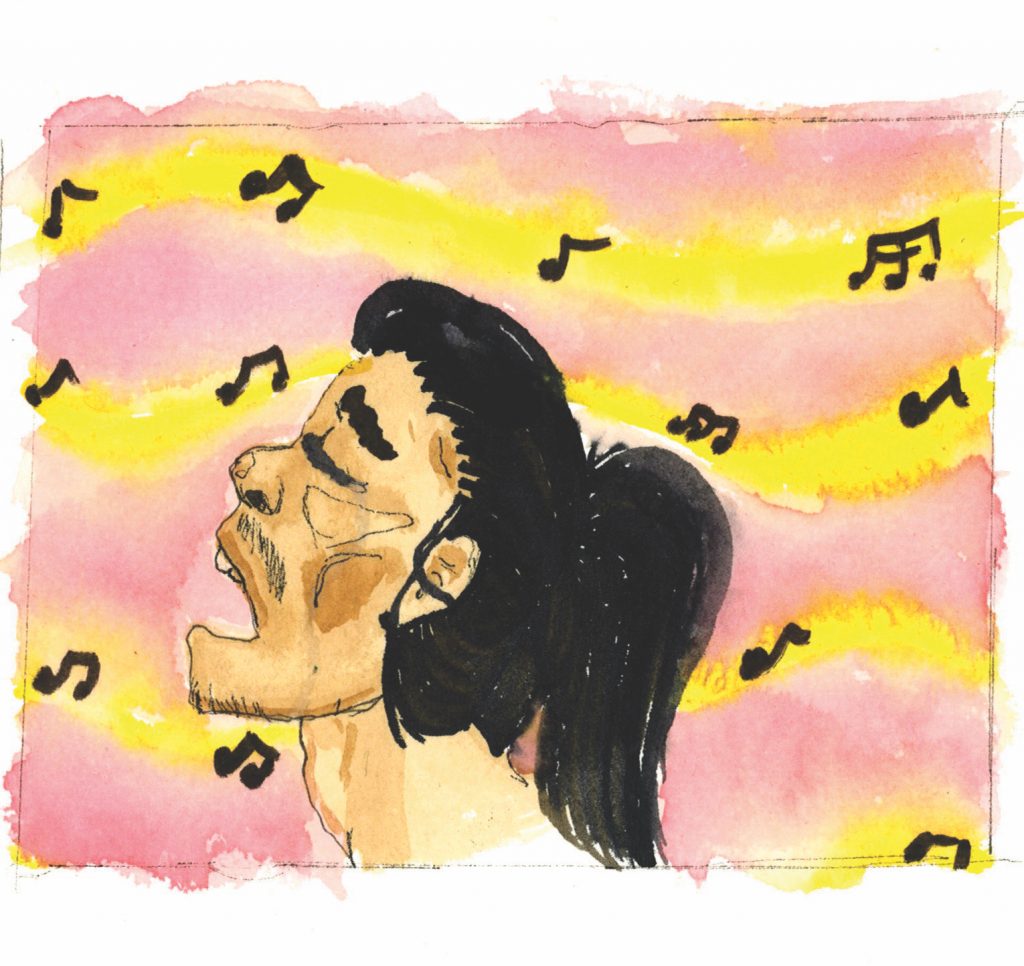 A watercolor image of a man in profile, wearing a ponytail and singing with his mouth open and eyes closed. The background is light pink and yellow with music notes in the air.