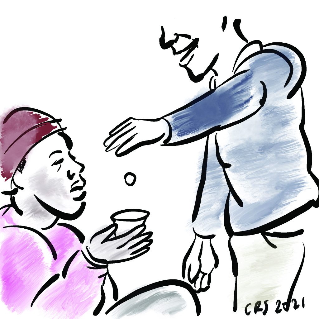 A digital image of someone dropping a coin into a homeless womans cup. They are wearing a blue sweatshirt and she is wearing a pink sweatshirt and red beanie.