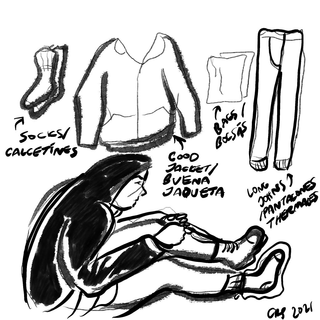 A digital image of a person surrounded by socks, a jacket, bags, and long johns—the items they may need to keep warm during the winter.