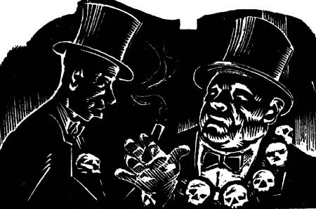A black and white lino-cut image of two men wearing top hats. One of them wears a necklace of skulls and is smoking a cigar. 