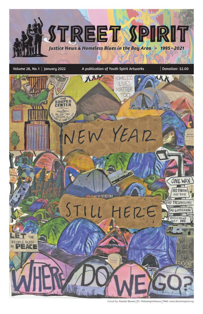 A collage-style image of many images of tents that have been cut from old newspapers. Amongst the multi-colored tents are two scraps of brown paper. The top one says "new year" and the bottom one says "still here"
