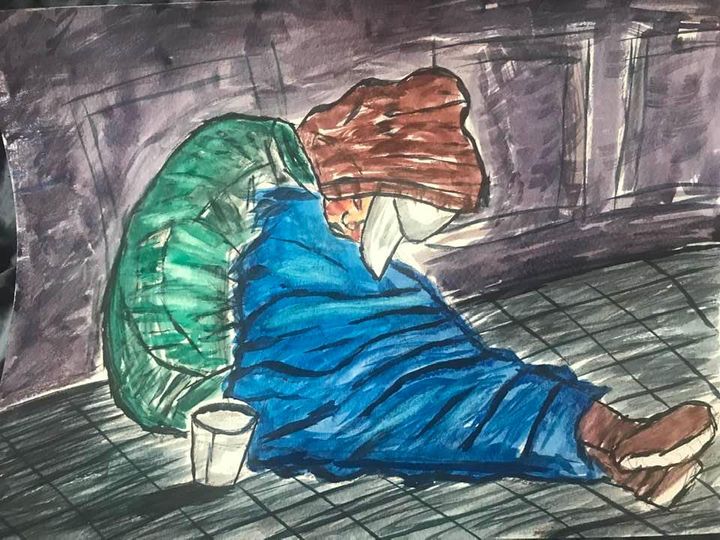 A painting of a person sitting on the sidewalk against a building, slumped over as if sleeping. They are wrapped in a sleeping bag and have a cup next to them for change.