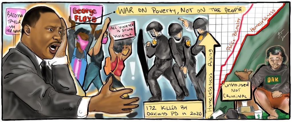 A drawing of Dr King looking distressed as police fight with protestors in the background. The drawing also contains a graph that shows the number of homeless people rising.