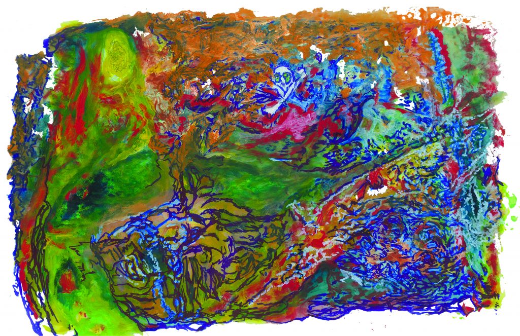 An abstract painting by Dart on top of the google maps image of the space. The general shape of the land areas can be made out, but the painting is an abstract array of greens, blues, reds, oranges, and pinks. A skull and crossbones near the top marks what Dart calls a "poison lake."