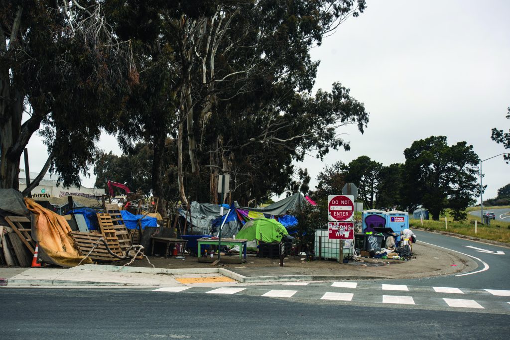 A photo of a portion of the encampment from across Shellmound street. A cluster of tents and tarps sits on the median next to a freeway offramp. Shellmound Street boarders the camp from the front. A thicket of eucalyptus trees grow behind.