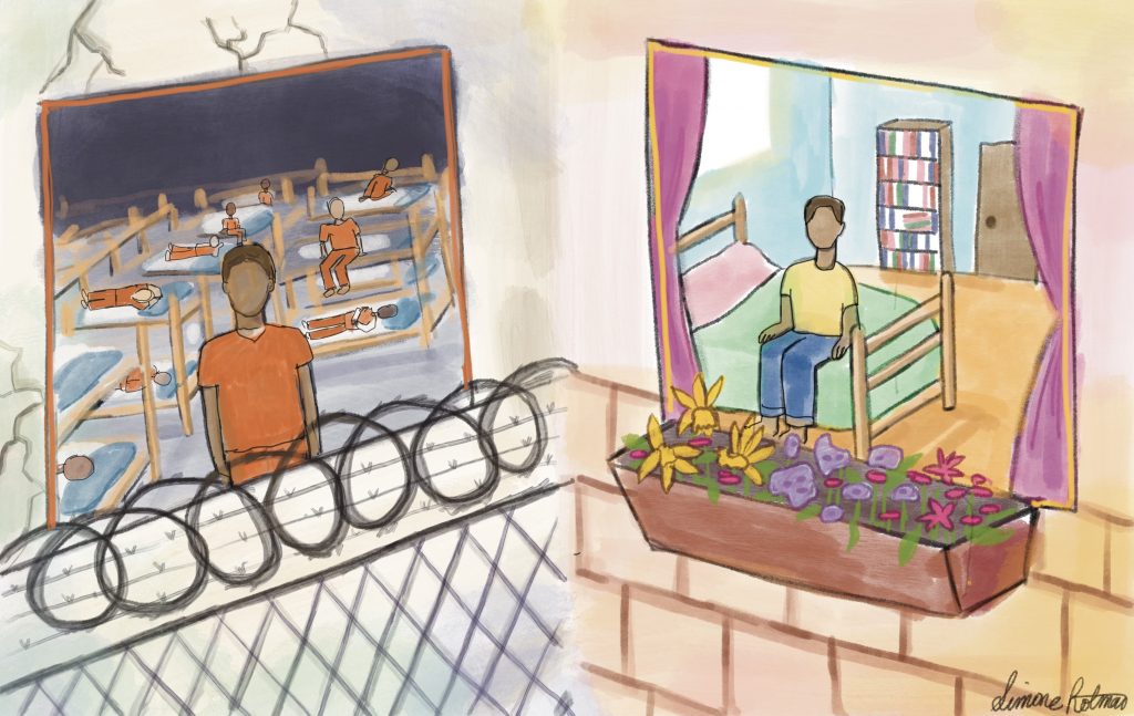 a digital illustration of two people looking out of windows, one from the comfort of their bedroom and the other from a prison cell.