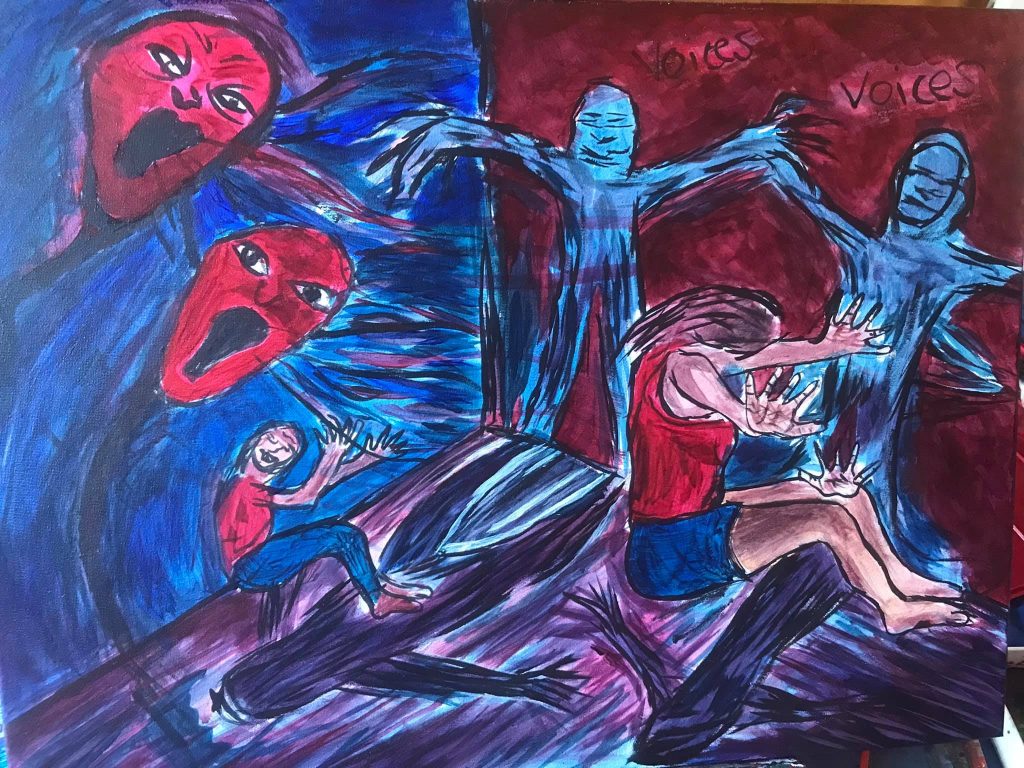 A painting of a person huddled in a corner with their arms outstretched as angry-looking creatures labeled "voices" surround them.