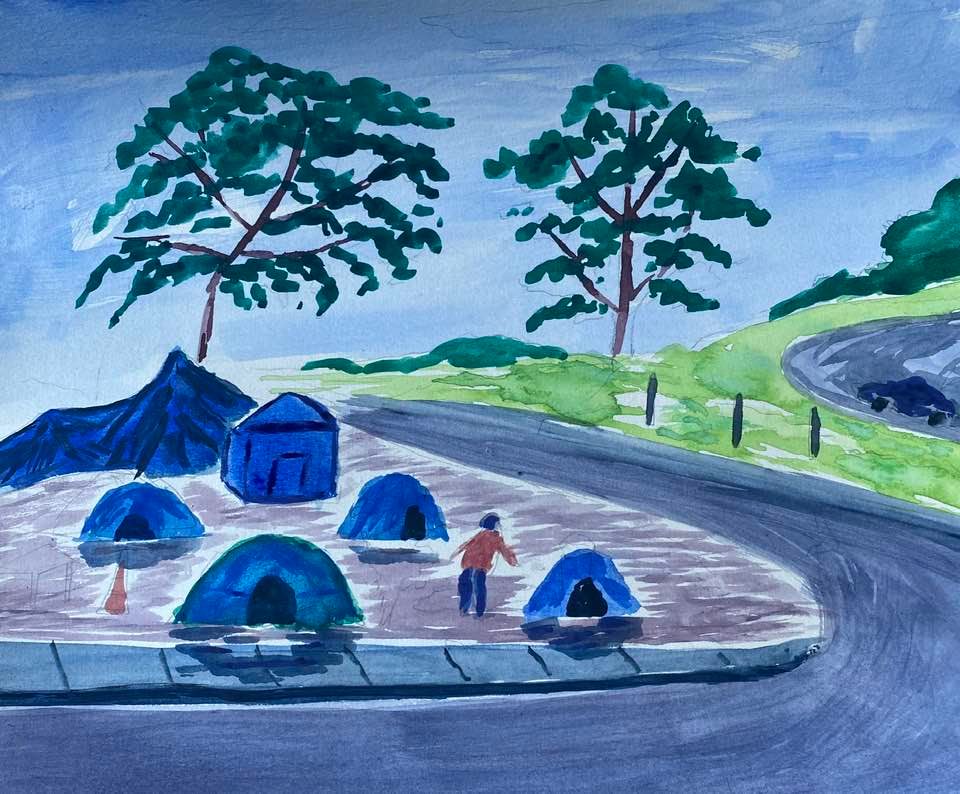 a watercolor of a group of tents on a street corner with a person standing in between them.