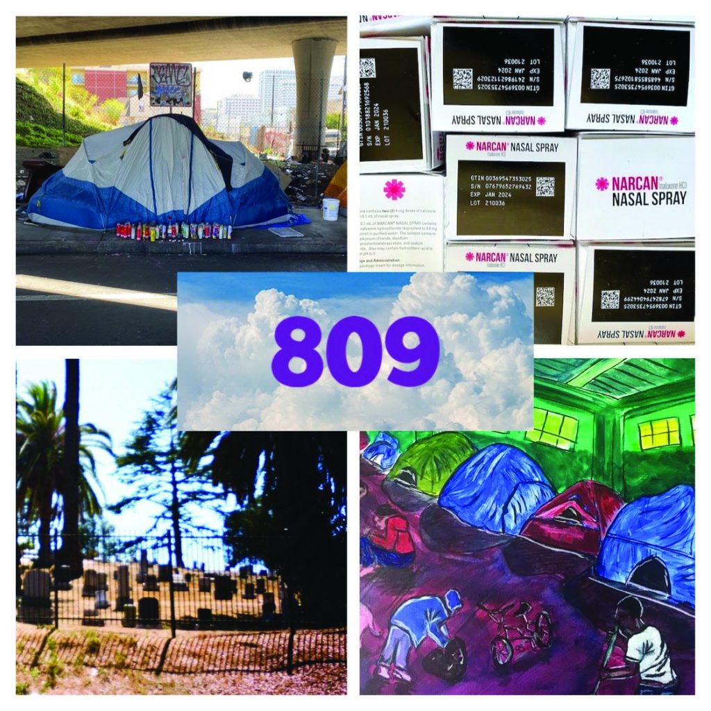 A collage-style image in the shape of a square. Four images in the background show a graveyard, boxes of narcan, a tent with candles outside, and a drawing of an encampment. The number "809" stands at the center of that image in the middle, representing the number of homeless deaths counted in the report.