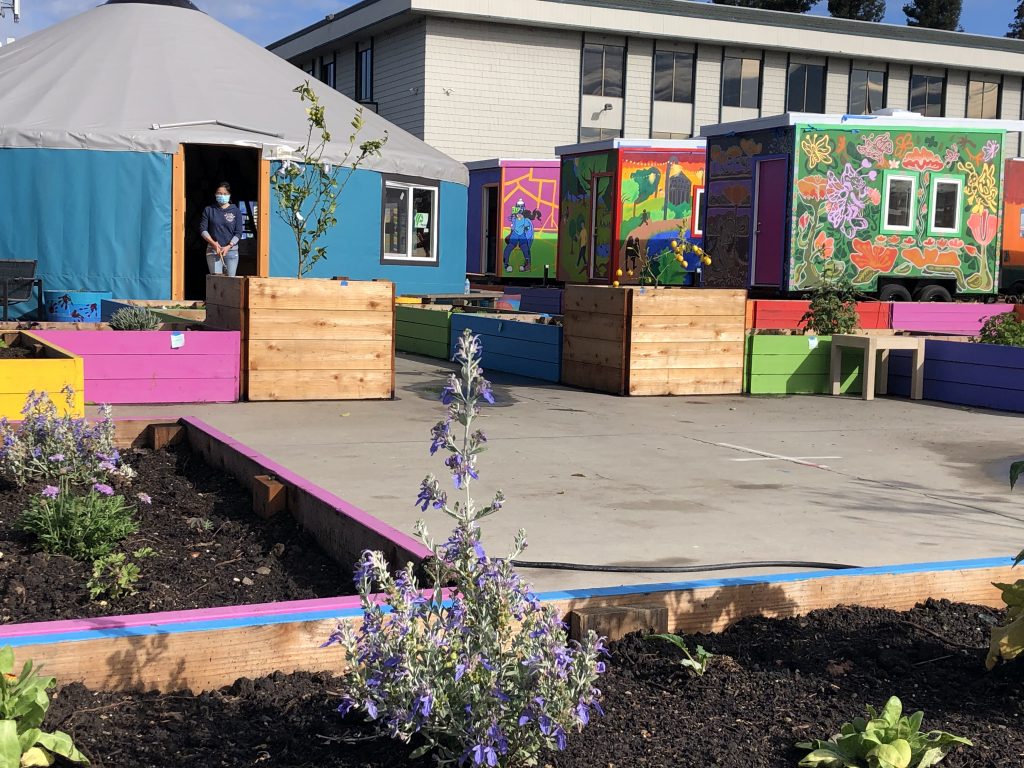 A photo of several of the colorful tiny homes at YSA's tiny house village. Each one is covered in a mural by a local artist.