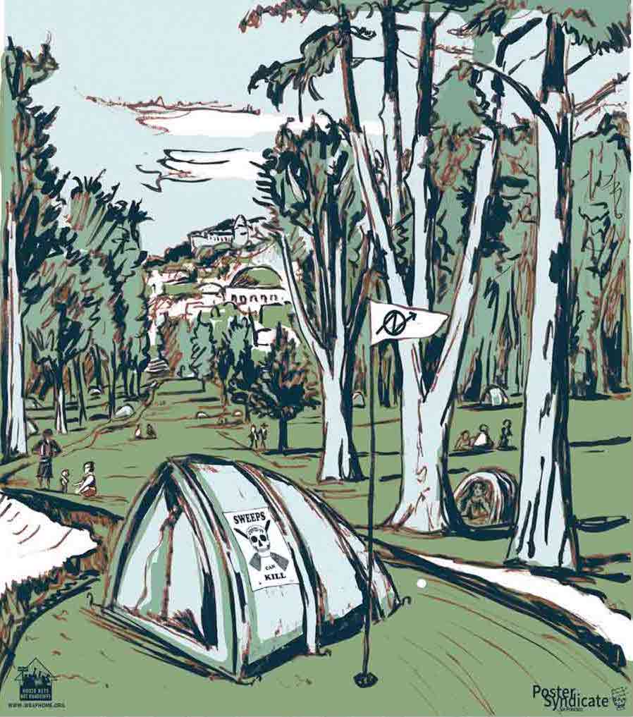 An illustrated image of a tent in a park surrounded by eucalyptus trees. The tent has a poster on the side of it that says "sweeps kill."