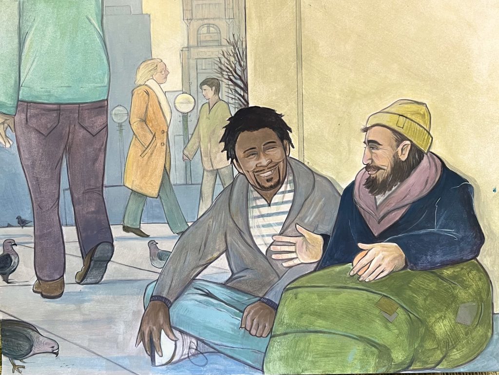 An illustration of two unhoused men, one Black and one white, sitting next to each other on the street and smiling and talking as people walk by.