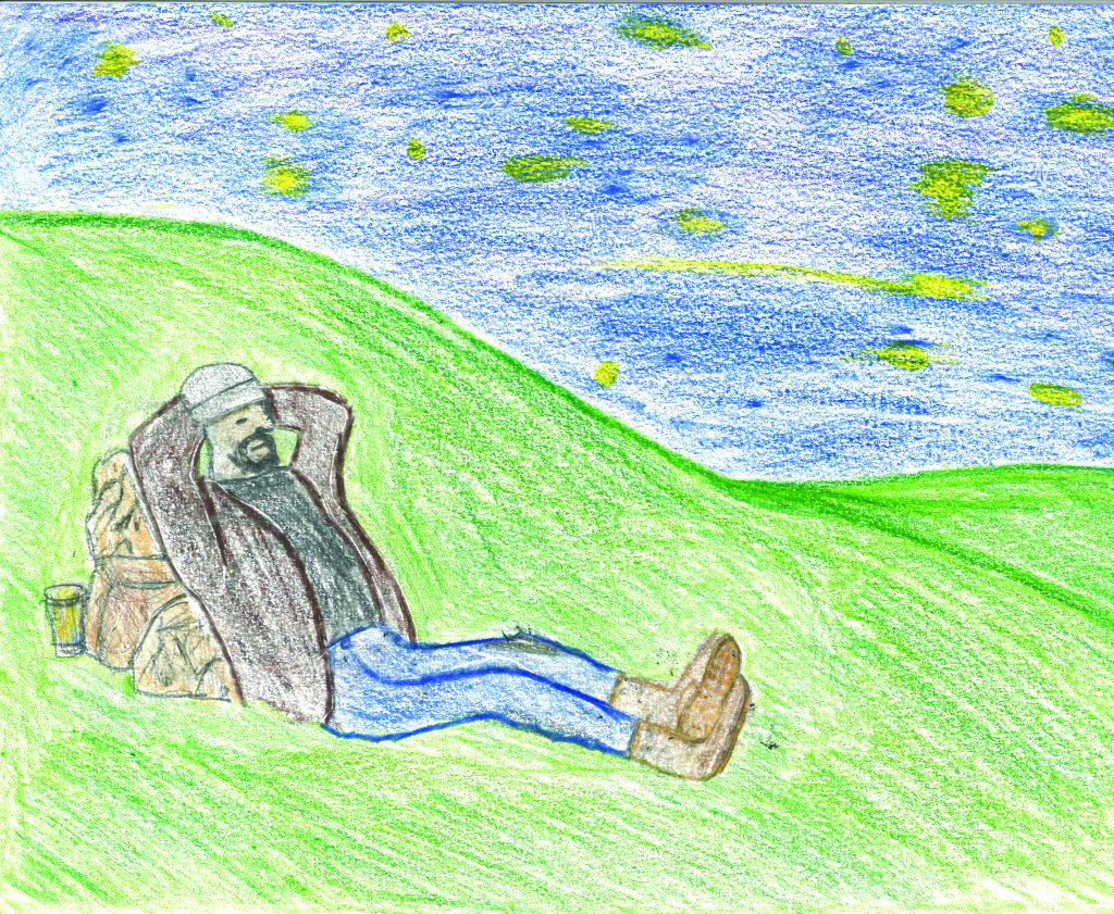 a drawing of an unhoused man on a grassy hillside looking up at a sky full of stars.